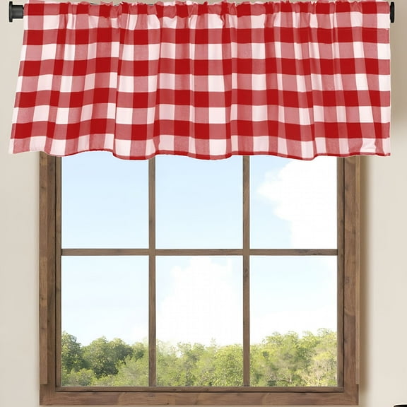 AUQ 2026 New Red and White Checkered Kitchen Curtains 36 Inch Length 1 Panel,Light Filtering Voile Rod Pocket Short Window Curtains for Bathroom Living Room Farmhouse Small Windows,30Wx36L Inches