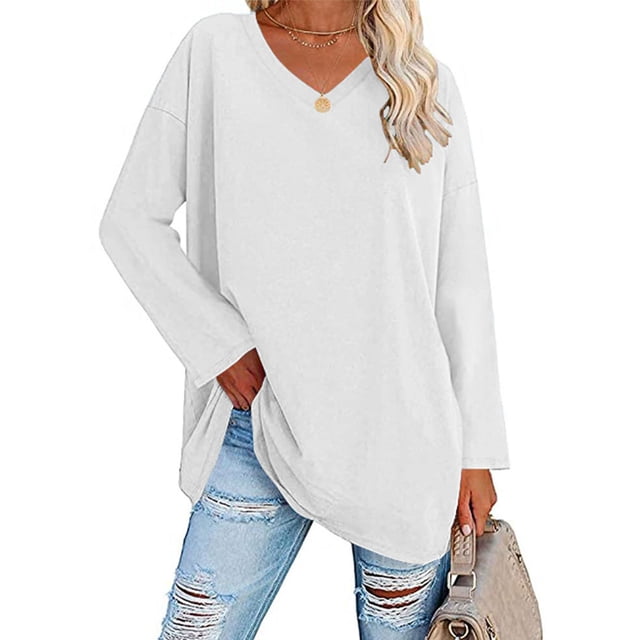Camiseta de manga larga para mujer blusa informal de color sólido con hombros caídos para mujer cuello en V suave y cómodo para uso diario ANGGREK Otros