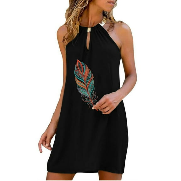 Halter Neck Dresses for Women Casual Solid Color Sleeveless Dress Sexy Keyhole T Shirt Dresses Feather Print Tank Dress