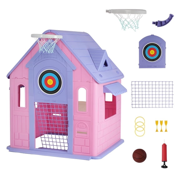Kids Cottage Playhouse with Magnetic Dartboard, Basketball Hoop, Ring Toss & Soccer Goal – Indoor & Outdoor Playhouse