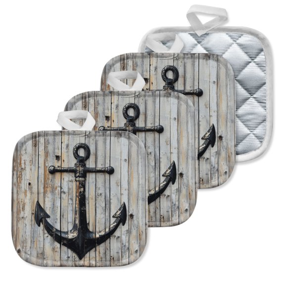 4 Pack Pot Holders,Kitchen Essential, Potholder Set,Weathered Black Anchor On An Aged Wooden Wall