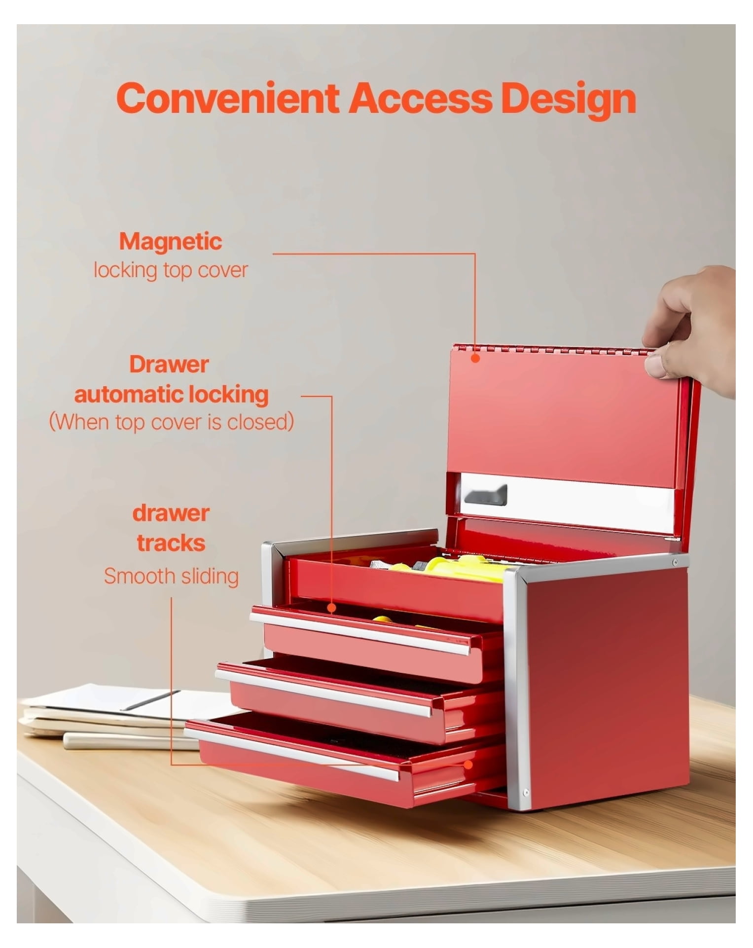 Metal Tool Box 8.6-inch, 3 Drawer Portable Tool Organizer, Small Steel Toolbox with Lock, Red