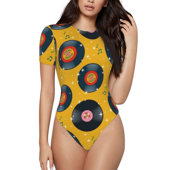 Vsdgher Retro Vinyl Records Prinr Short Sleeve Body suit for Womens, Sexy Onesie One Piece Round Neck Bodysuit Shapewear Tummy Control-Large