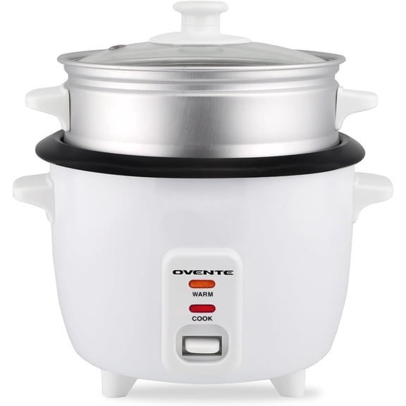 OVENTE Electric Rice Cooker and Food Steamer – 10-Cup Cooked Capacity (5 Cups Uncooked), Nonstick Removable Pot, Keep Warm Function, Steaming Basket, Measuring Cup & Spatula Included, White RCS01W