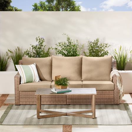 Better Homes & Gardens Hawthorne Park Outdoor Sofa and Coffee Table with Beige Cushions