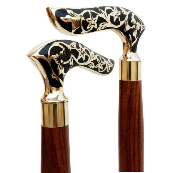 Set of 2 Wooden Walking Canes with Floral Brass Handles – Strong and Elegant Canes for Men and Women – Comfortable Grip, Ideal for Walking and Gifting