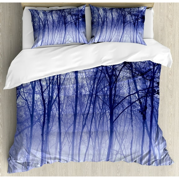 Ambesonne Forest Duvet Cover Set, Winter Woodland Foggy, King, Purple Black Grey