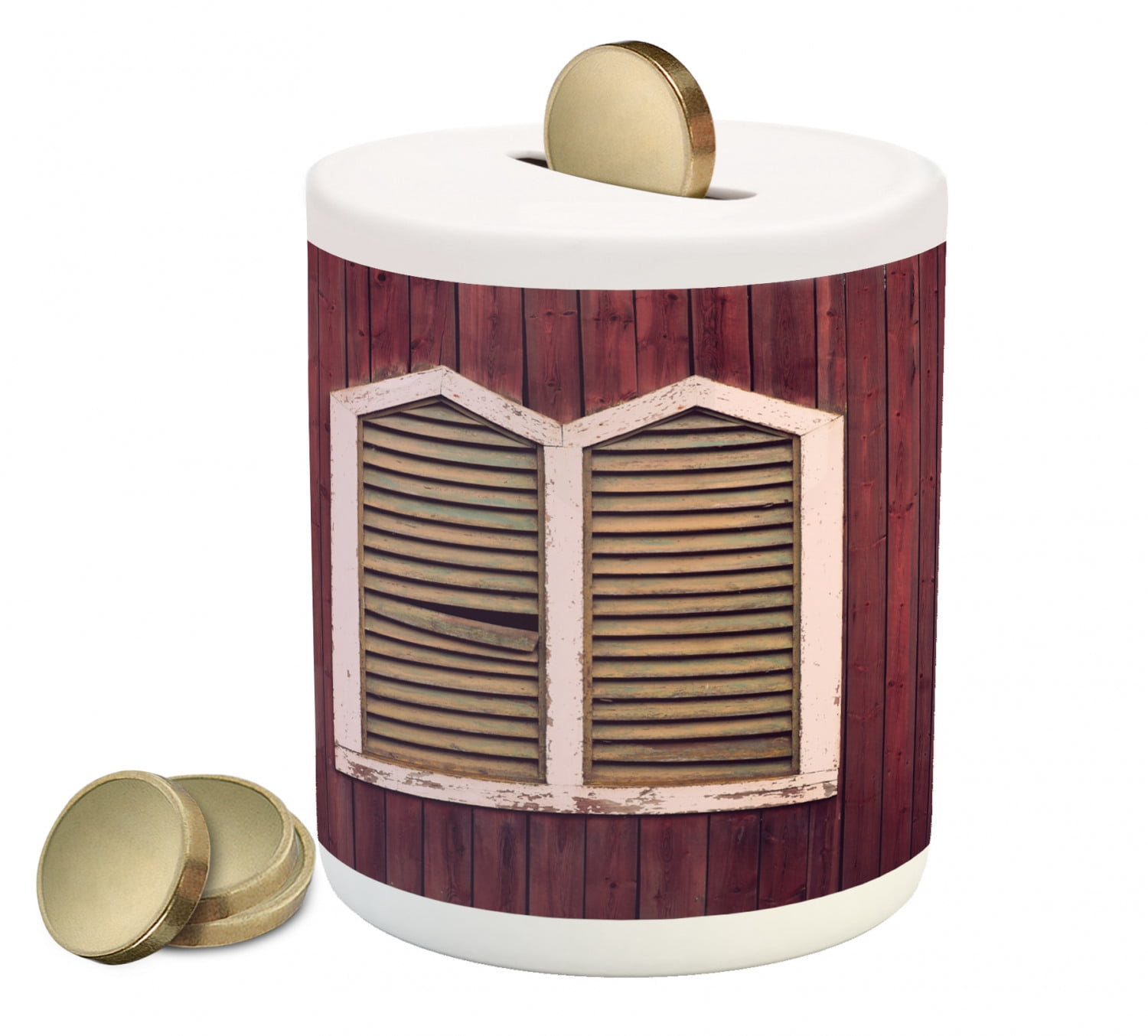 Shutters Piggy Bank, Window Frame with Shutters on a Wooden Wall ...