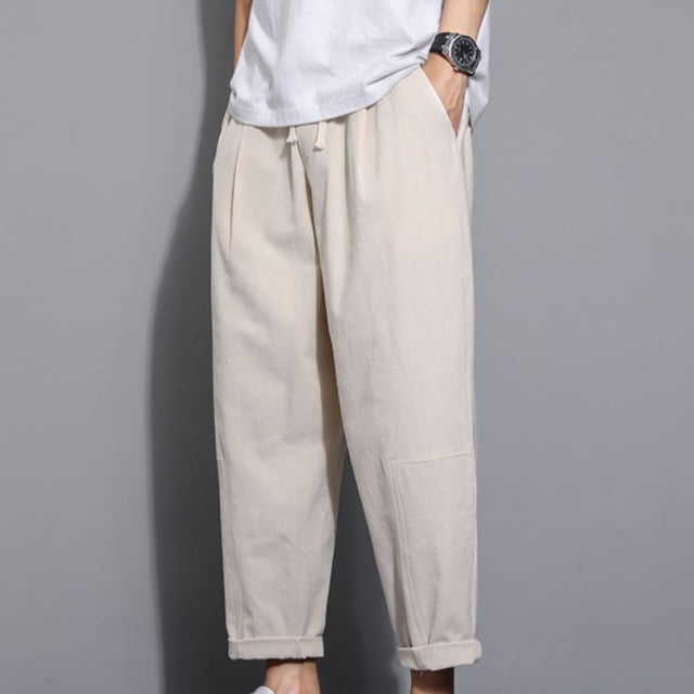 asjyhkr Plus Size Mens Linen Pants Elastic Waist Drawstring Hiking Beach Cropped Pants with Pockets,M-5XL