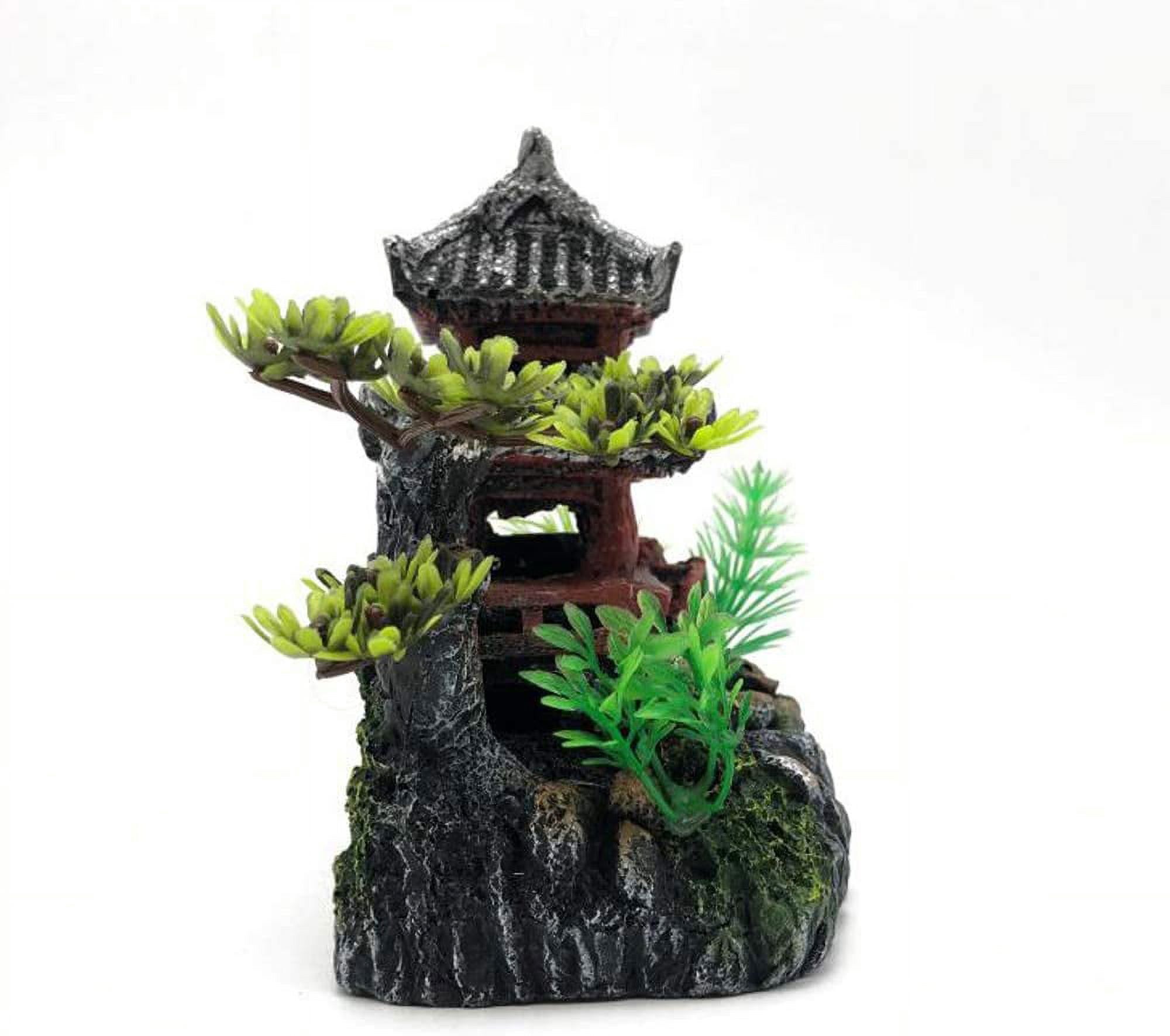 Nvzi Chinese Ancient Water Towns Aquarium Décor Ornaments, Resin Fish Tank Decorations Hideout Castle 8", Hand Painted with Realistic Details Tree (Water Town with red Stairs)