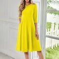 thumbnail image 2 of Evdexr 3/4 Sleeve Fit and Flare Dresses for Women Solid Color A Line Flowy Dress Crew Neck Casual Midi Dress with Pockets Yellow L, 2 of 5