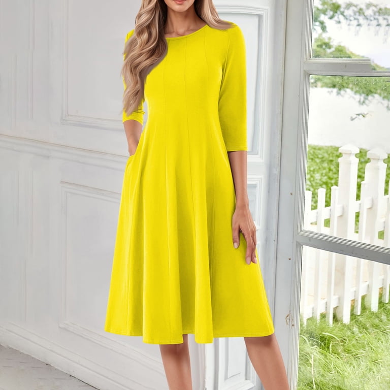 Evdexr 3/4 Sleeve Fit and Flare Dresses for Women Solid Color A Line Flowy Dress Crew Neck Casual Midi Dress with Pockets Yellow L - Walmart.com Evdexr 3/4 Sleeve Fit and Flare Dresses for Women Solid Color A Line Flowy Dress Crew Neck Casual Midi Dress with Pockets Yellow L - Walmart.com