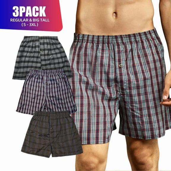 3 Pack Men's Cotton Blend Boxer Shorts Random Mixed Color Pack Woven Relaxed Fit Boxers for Men Soft Breathable Mens Underwear with Button Fly Pouch Elastic Waist Comfortable Fabric Menswear