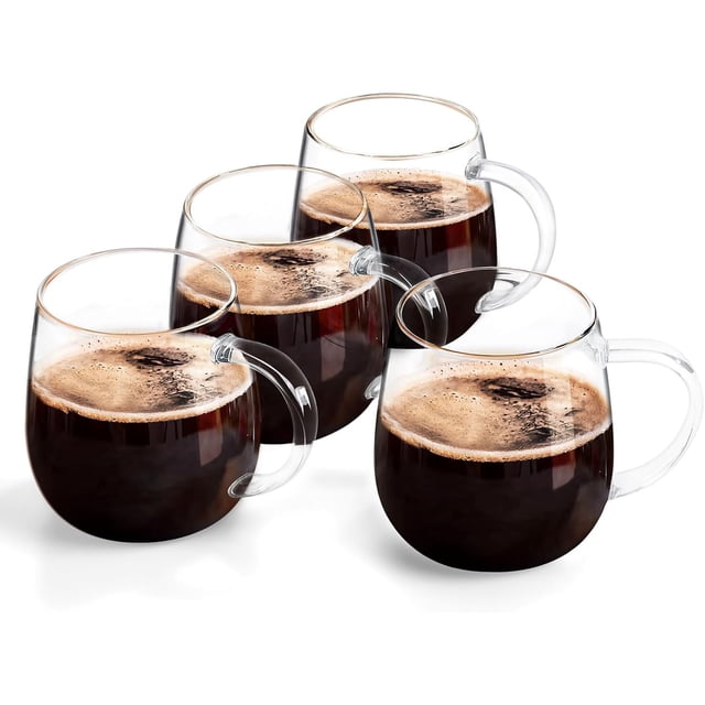 Juego de 4 tazas de vidrio de borosilicato alto, tazas de café de vidrio transparente, juego de cristalería grande, tazas de vidrio de 16 onzas con asas, también se pueden dar como regalo