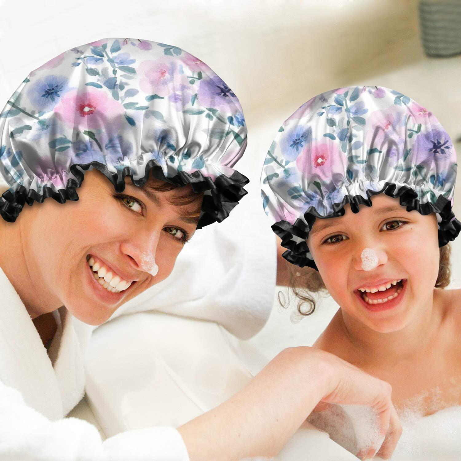 Shower Caps,Pioneer Flower Floral Print Pattern Waterproof Shower Cap for Women 4 Pieces,Double Reusable Hair Cover for Shower PEVA Elastic Stretch Hem