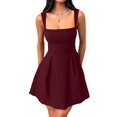thumbnail image 2 of Women'S Sleeveless Square Neck Adjustable Straps Tie Back A-Line Mini Party Club Dress Wine Red L, 2 of 9