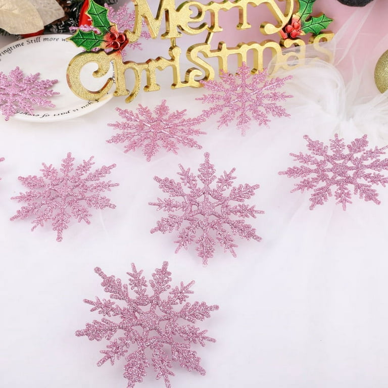 12 Pieces Plastic Snowflake Ornaments Christmas Glitter Snowflakes Hanging Crafts for Christmas Tree Wedding Embellishing Party Decorations, Pink