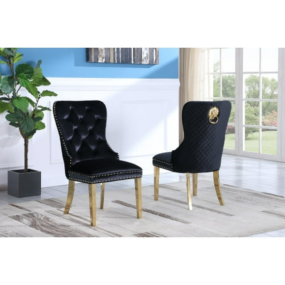 2-Piece Leo Luxury Velvet Dining Chair - Black, Lion Back Knocker, Tufted Upholstered Gold Legs and Finish
