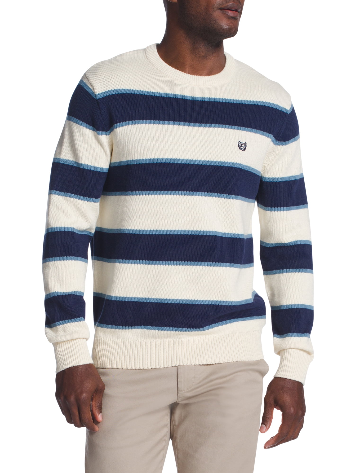 Mens Chaps L 100% Cotton Navy Blue w/ Stripes Winter Sweater NEW 