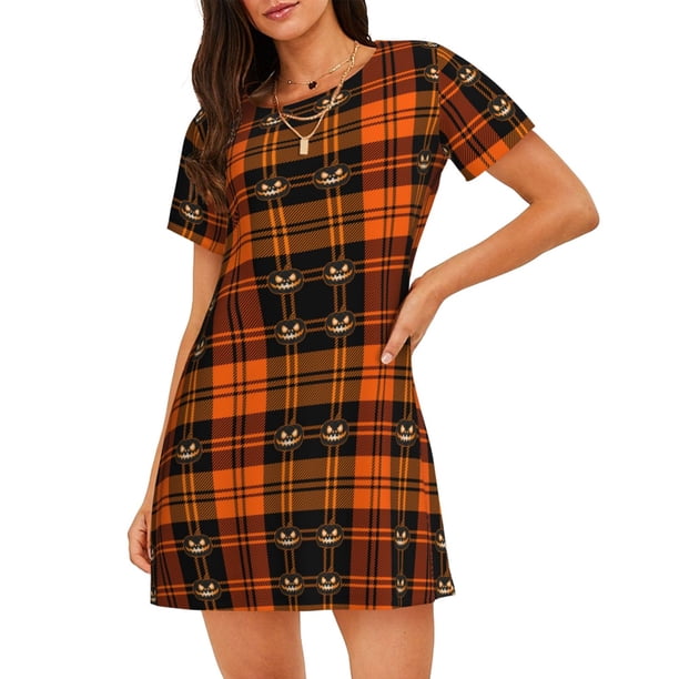 Balery Halloween Tartan Plaid Camisón de manga corta con cuello redondo para mujer, cómodo y elegante.