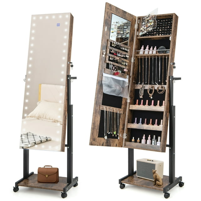 Giantex Standing Jewelry Cabinet, Lockable Jewelry Armoire Organizer w/ 3-Color Dimmable LED Full-Length Mirror, Brown