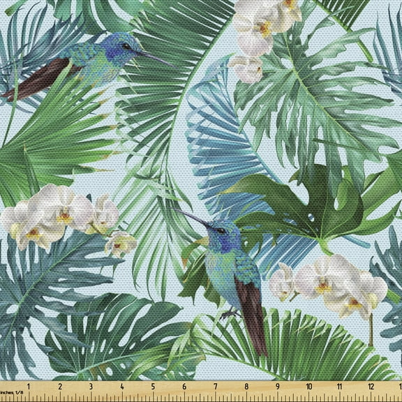 Hummingbird Fabric by The Yard, Botanical Exotic Tropical Hawaiian Palm Monstera Leaves Orchid Flowers, Decorative Fabric for Upholstery and Home Accents, 10 Yards, Green Blue, by Ambesonne