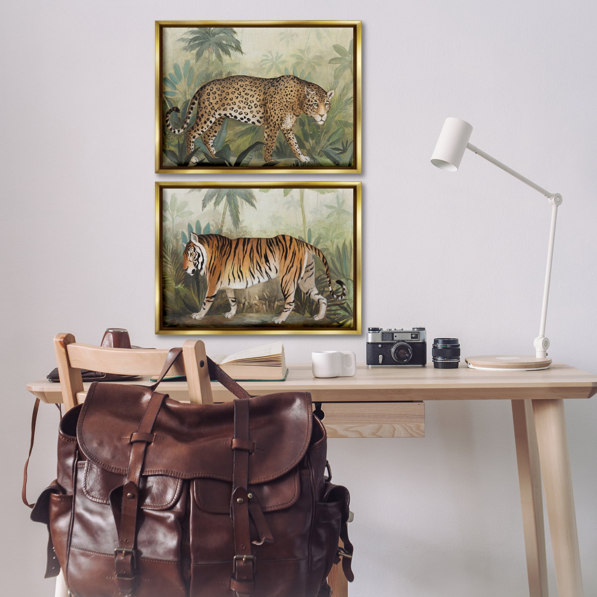 Stupell Industries Jaguar & Tiger Jungle Scene Animals Painting Gold Floater Framed Canvas Art Print Wall Art, 25 x 17, Set of 2