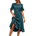 thumbnail image 2 of Dolkfu Retro Vintage Women Clothing Green Mid-Length Crew Neck Short Sleeve Dresses Vacation-Inspired Solid Regular Modern Peasant Dresses Green,Xl, 2 of 6