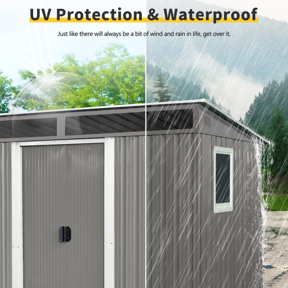 8 ft x 6 ft Outdoor Metal Storage Shed with Window, Transparent Plate, and Lockable Sliding Door – Garden and Lawn Storage