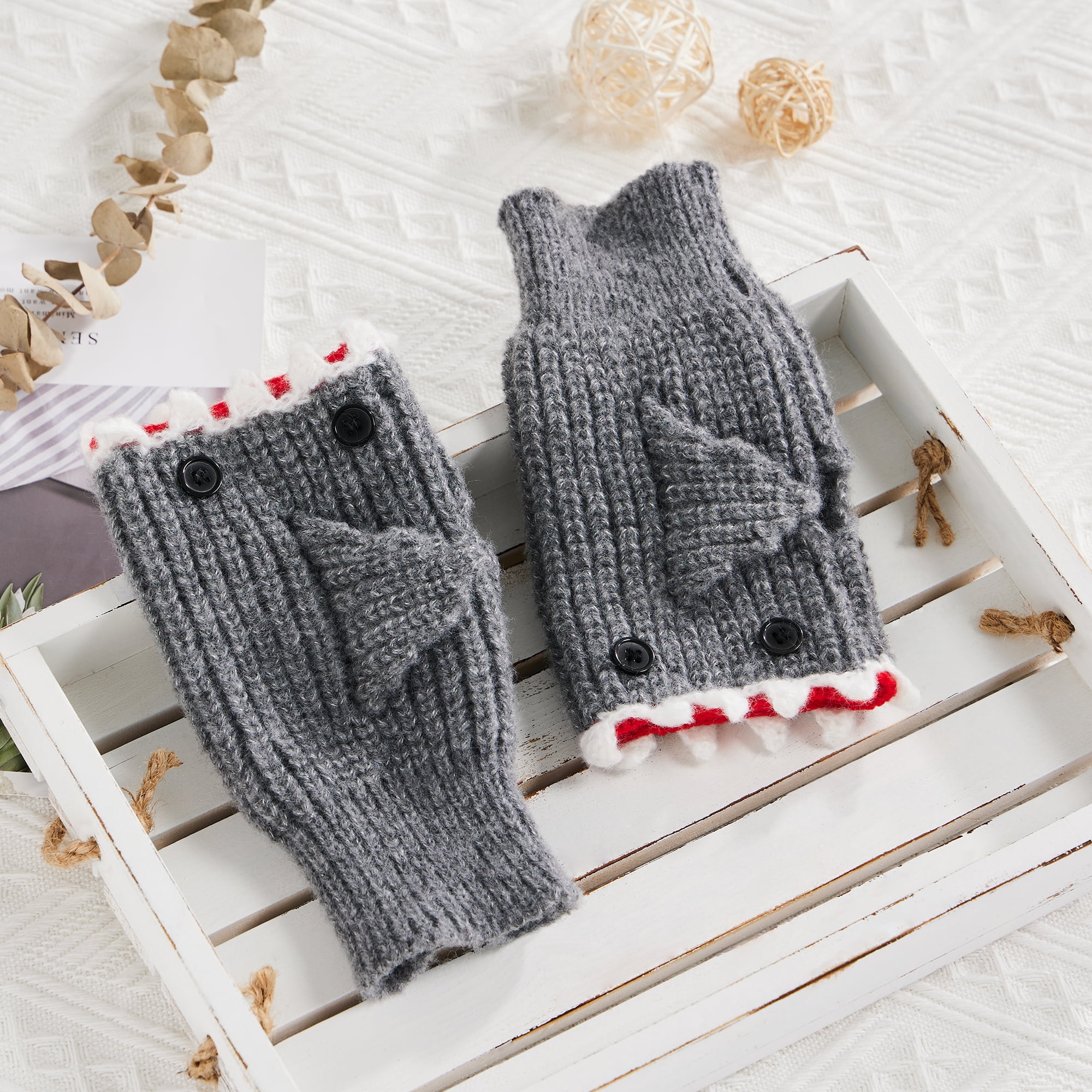 小物 UN3D. FABRIC MIX MITTENS , NECK WARMAR Multitrust 3D Shark Fingerless Gloves for Adult Winter, Knit