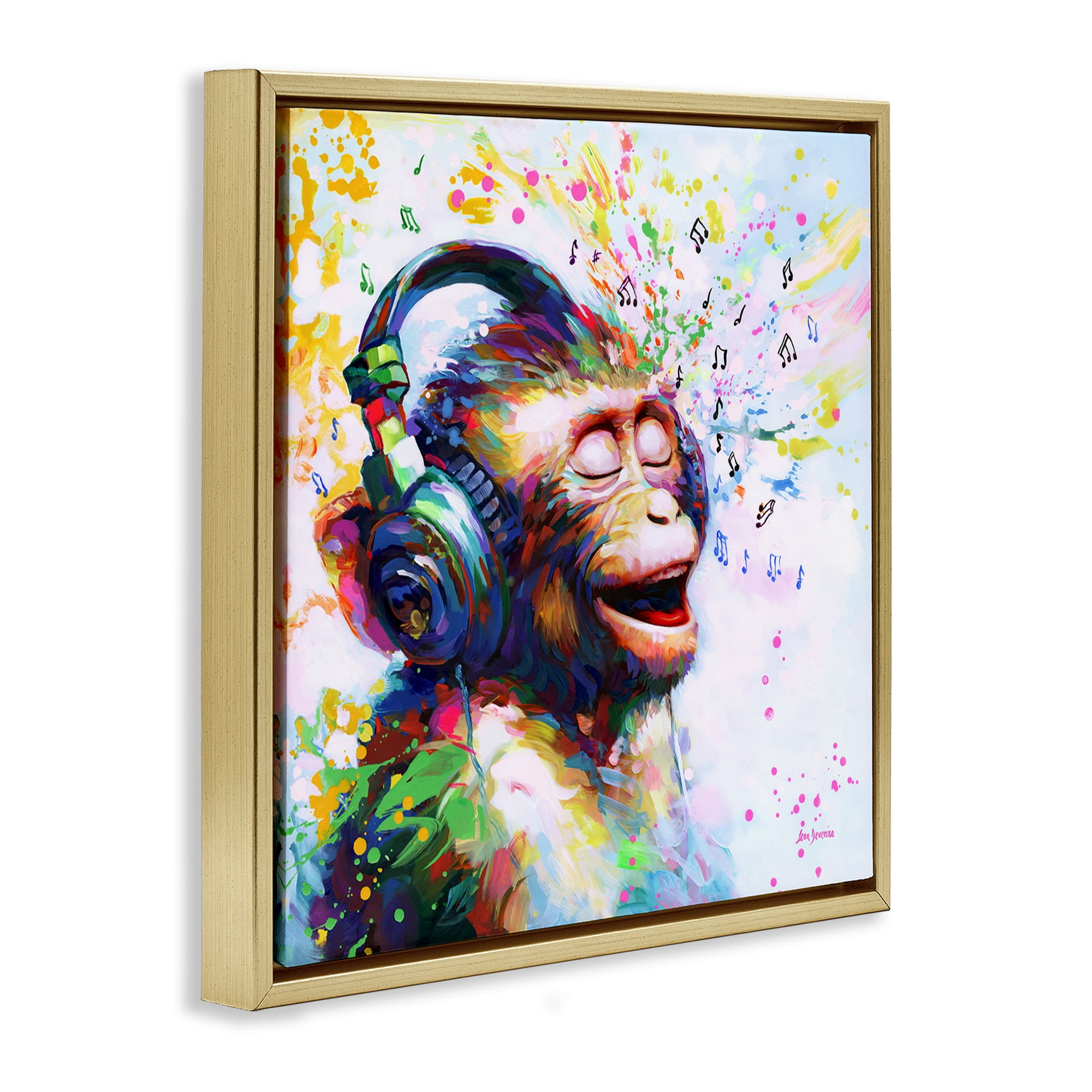 Stupell Industries Blissful Beats Monkey Animals & Insects Painting Gold Floater Framed Canvas Art Print Wall Art, 18 x 18
