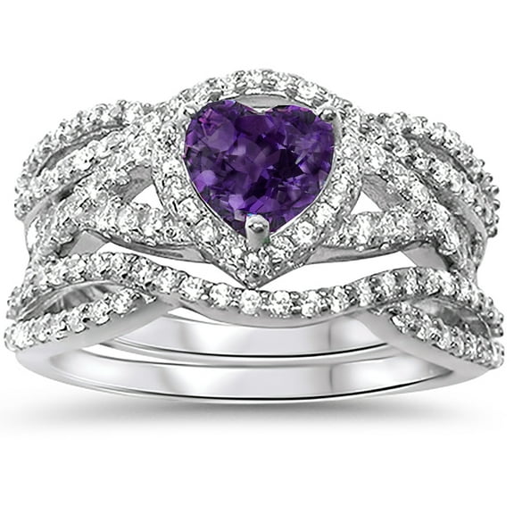 LaRaso Co Purple February Birthstone Heart Sterling Silver Wedding Engagement Ring Guard Wrap Set for Women Size 5
