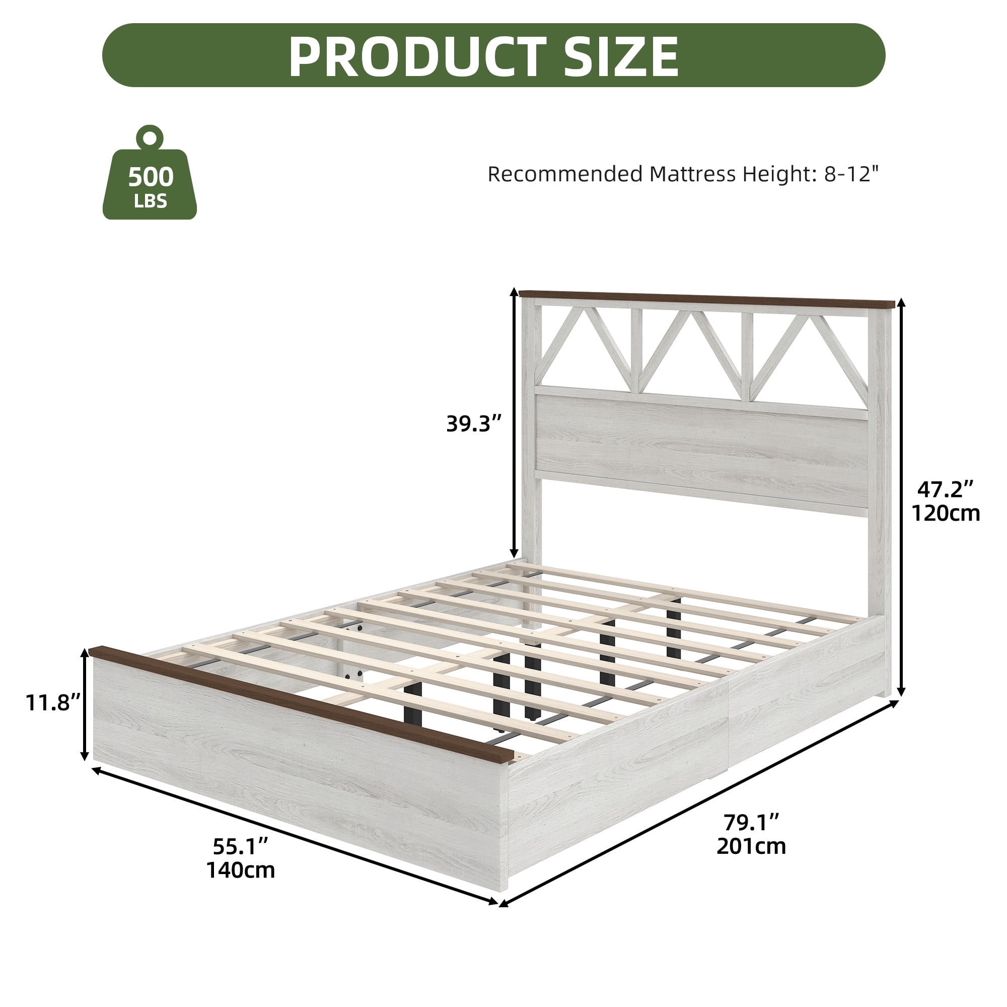 Uforic Full-Size Bed Frame with V-Pattern Headboard, Noiseless Slats, No Box Spring Needed, Washed Gray