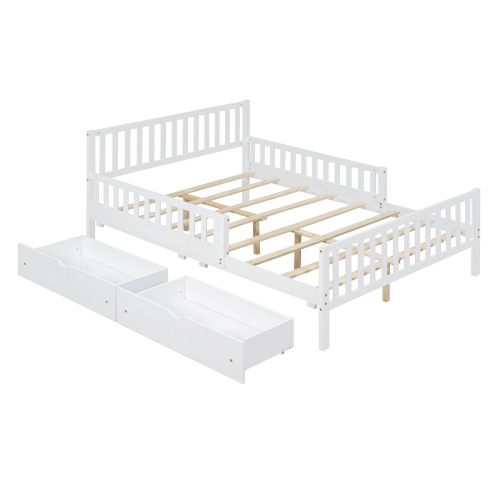 Euroco Wood Full Size Platform Bed with Guardrails and Drawers for Kids Teens Toddlers, White