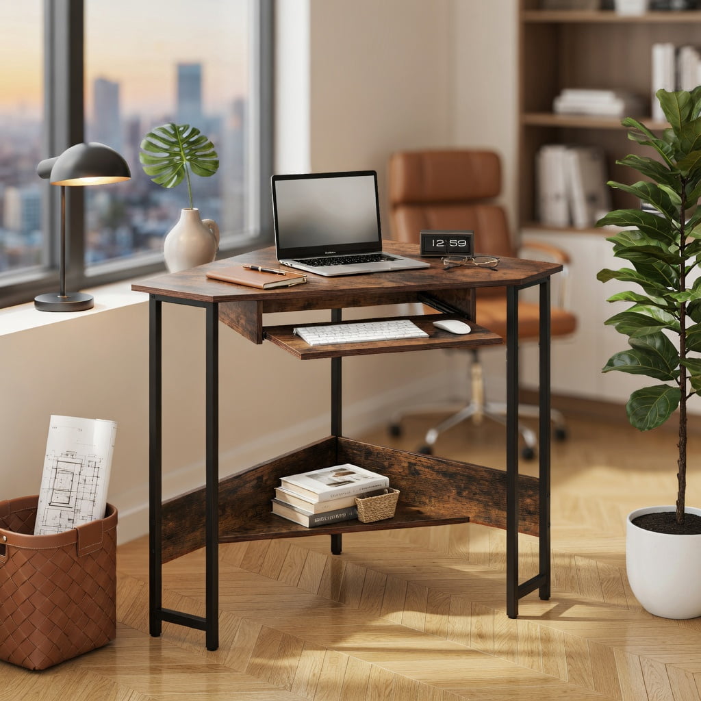Spaco Triangle Corner Desk with Charging Station Keyboard Tray and Storage Shelf-Rustic Brown, Office Desk, Gaming Computer Desks for Study,Working,Writing