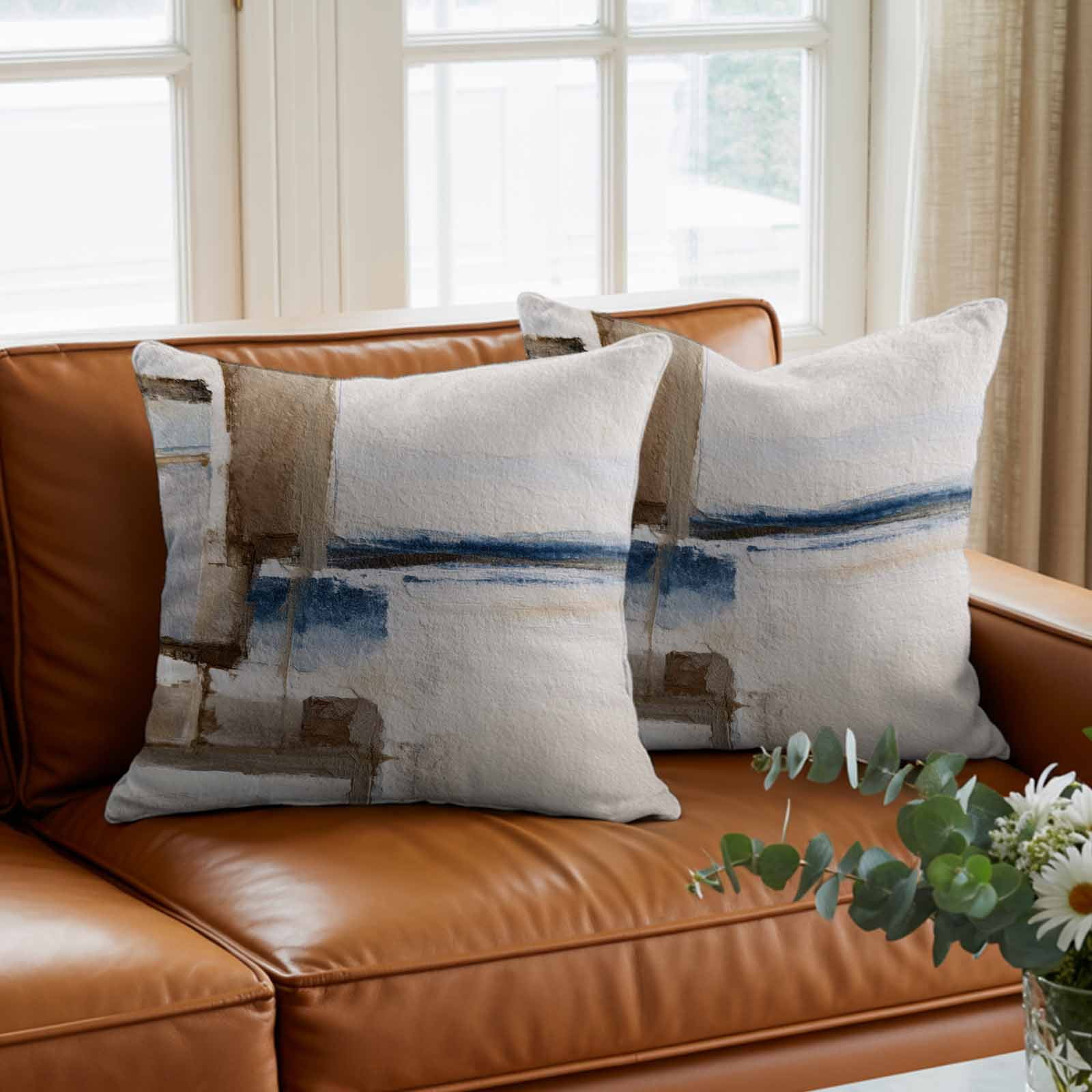 Throw Pillow Covers, Beige Brown Blue 26x26 Pillow Covers for Couch/Sofa/Bed, Vintage Abstract Mottled Texture Decorative Square Linen Cushion Pillowcase for Home Decor
