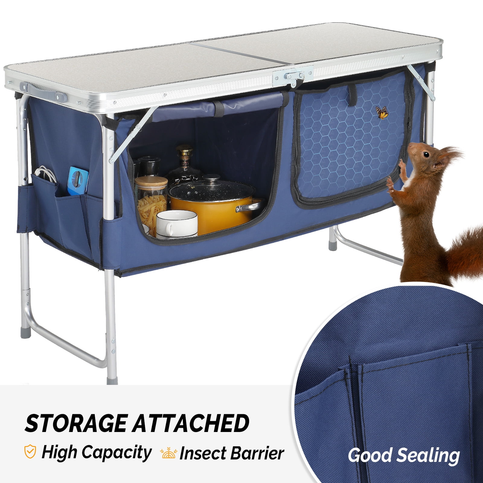 4FT Portable Folding Camping Table with Storage, Aluminum Outdoor Cooking Station with 2 Adjustable Legs, Blue