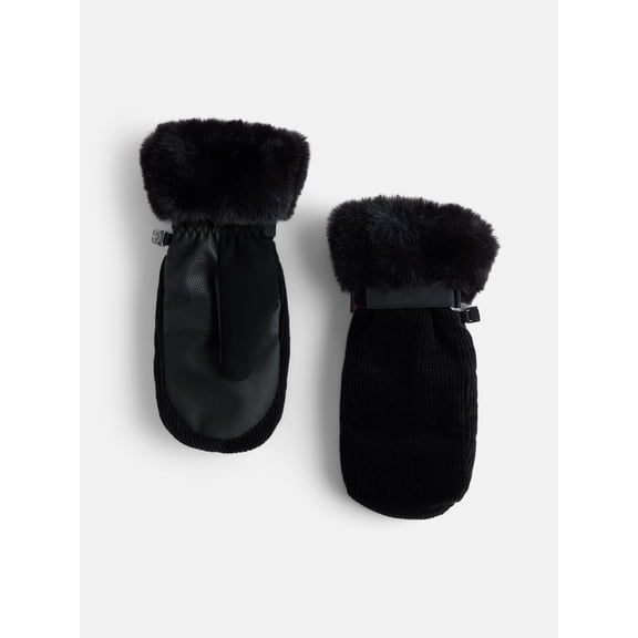 Ozark Trail Women's Corduroy Ski Mittens with Faux Fur Cuffs, Black Soot, Sizes S/M