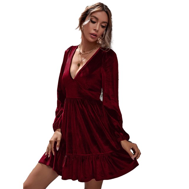 Vestidos de mujer de terciopelo con cuello en V profundo y manga larga con volantes mini swing sexy vestido de cóctel