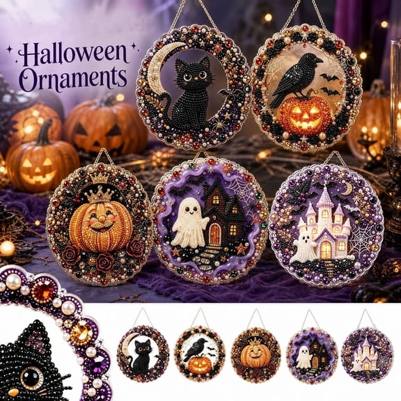 Halloween Pearl Art Diy Kit with Light Up Castle and Ghost Design, 1 Set, Purple Pearl and Diamond, for Home Wall Or Door, Hanging Decoration