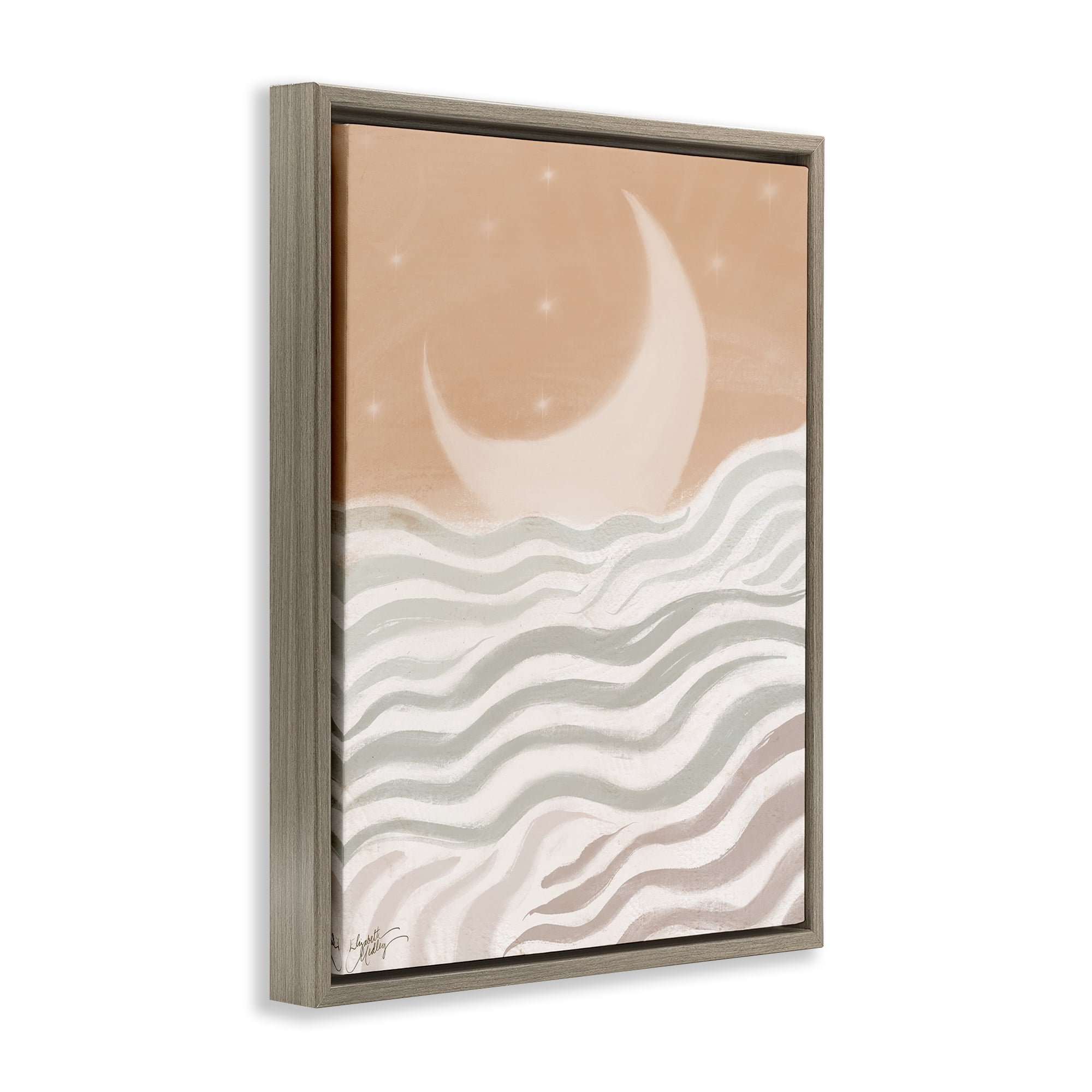 Stupell Industries Crescent Moon over Sea Landscape & Nature Painting Brown Floater Framed Canvas Art Print Wall Art, 17 x 21