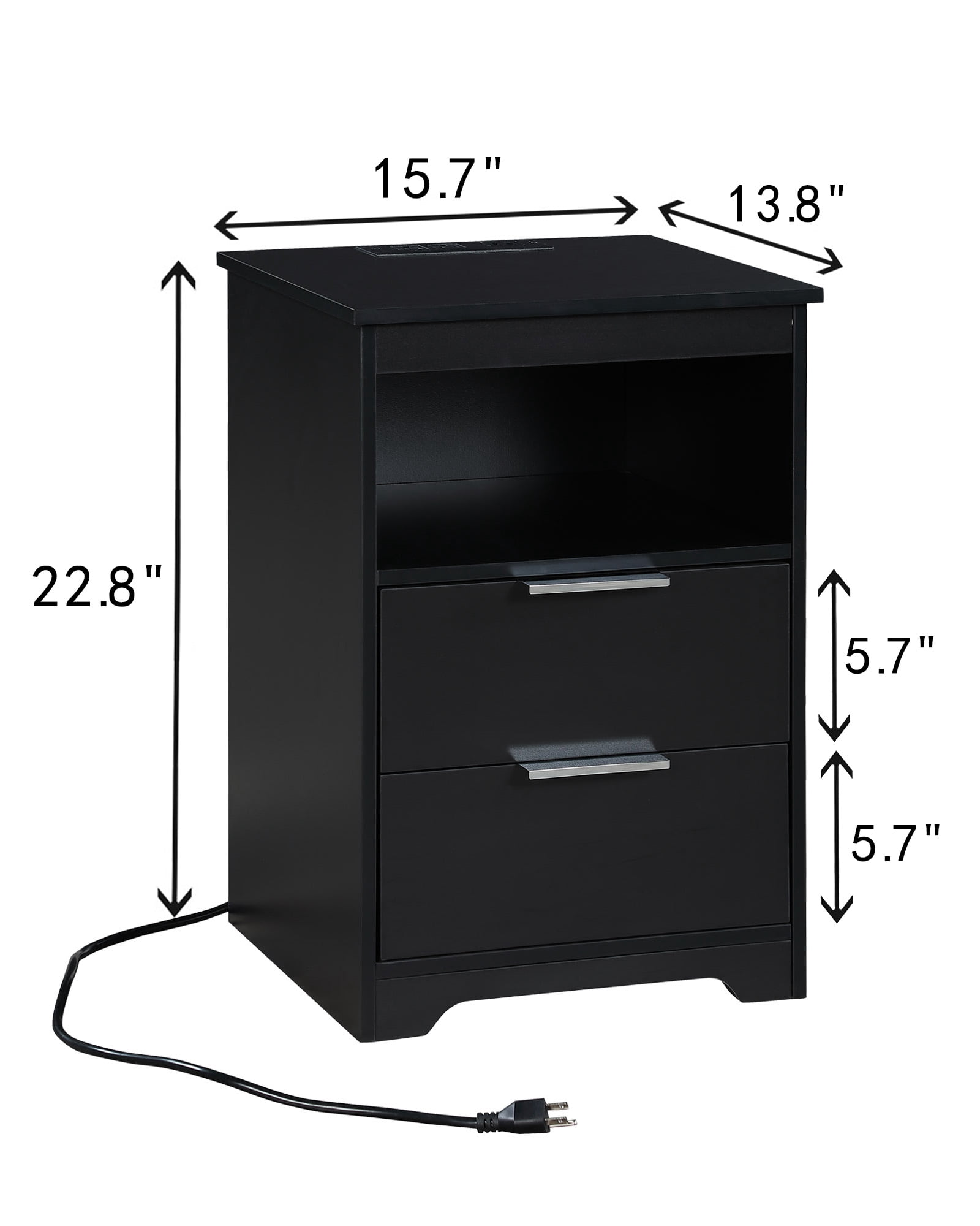 Nightstand with Charging Station,End Table with 2 Drawers,Wooden End Table with Drawer and Opening Shelf,Side Table for Bedroom, Black