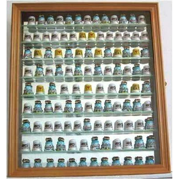 108 Thimble Display Case Wall Shadow Box, Glass Door, Mirrored