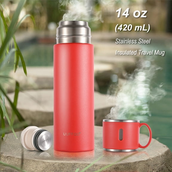 UUFFOO 14oz Stainless Steel Travel Mug, 420mL Double Wall Insulated Thermos Water Bottle with Cup Lid, Red
