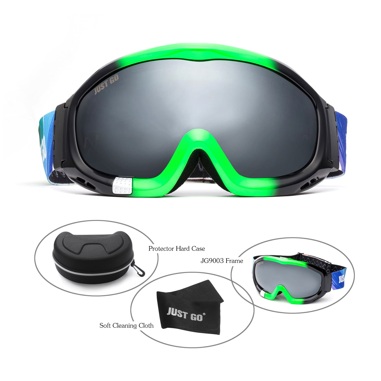 JUST GO Ski Goggles for Skiing Motorcycling and Winter Sports Dual-Layer Anti-Fog 100% UV Protection lens Snowboard Goggles fit Men, Women and Youth, Black and Green Frame/Gray Lens (VLT 20.2%)