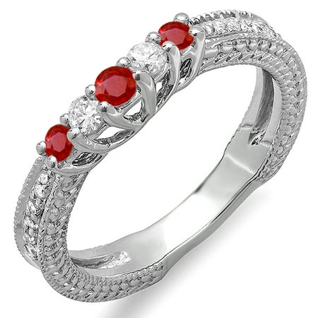 Ruby Gold Wedding Bands - 18K White Gold Round Ruby And White Diamond Ladies Anniversary Wedding Band Guard Enhancer Ring