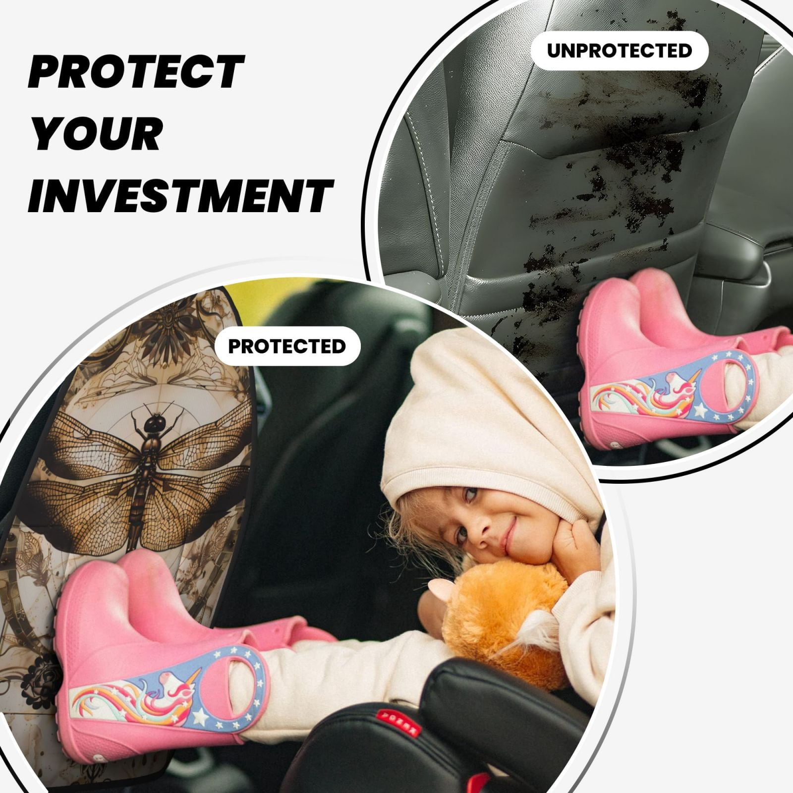 Kdxio Vintage Dragonfly Artwork Print 2 Pack Car Kick Mat Seat Cover Back Protector Mat with Pockets for Organizer Backseat Protector and Storage Anti Kick Pad for Vehicles