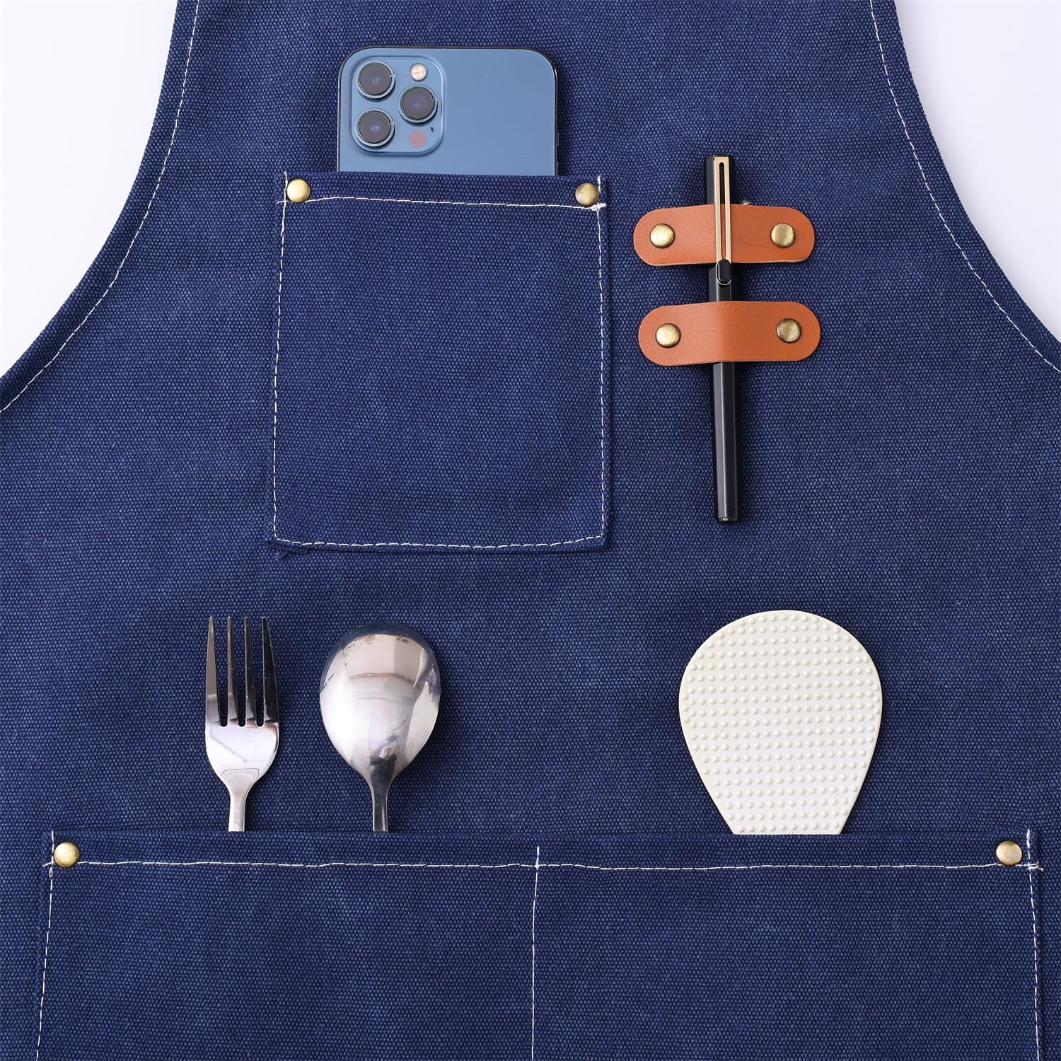 Chef Apron Medium-Thick Cotton Canvas,Cross Back with Multiple Pockets Adjustable Work Apron for Men and Women (Darkblue)