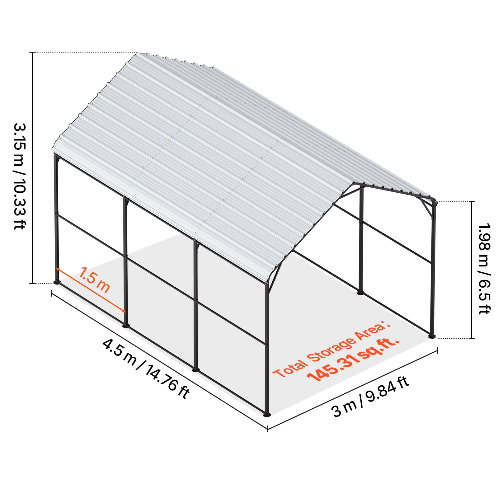 KFFKFF Heavy Duty Metal Carport 10' x 15' Outdoor Shelter with Galvanized Steel Frame & Roof, Car Tent Garage Shade with Detachable Sidewalls for Vehicles, Boats, Equipment