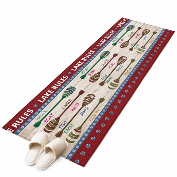 Runner Rugs 2x6 Ft, Lake Rules Non Slip Area Rugs for Kitchen Bedroom Entryway, Red Green Brown Paddle Striped Rudder Wooden Washable Carpet Runner Rug Floor Mats for Bedroom Home Decor